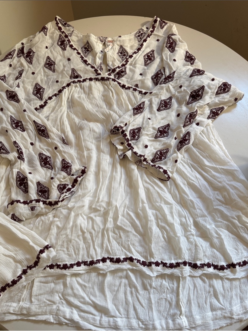 Free People White Boho Embroidered Tunic with Long Bell Sleeves and Keyhole Back